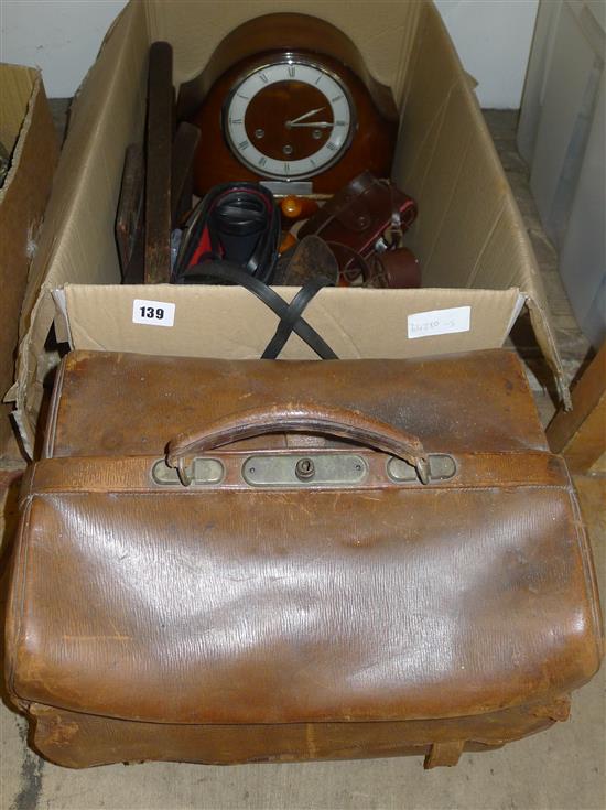 Mantel clock, shoe lasts, binoculars, gladstone bag etc